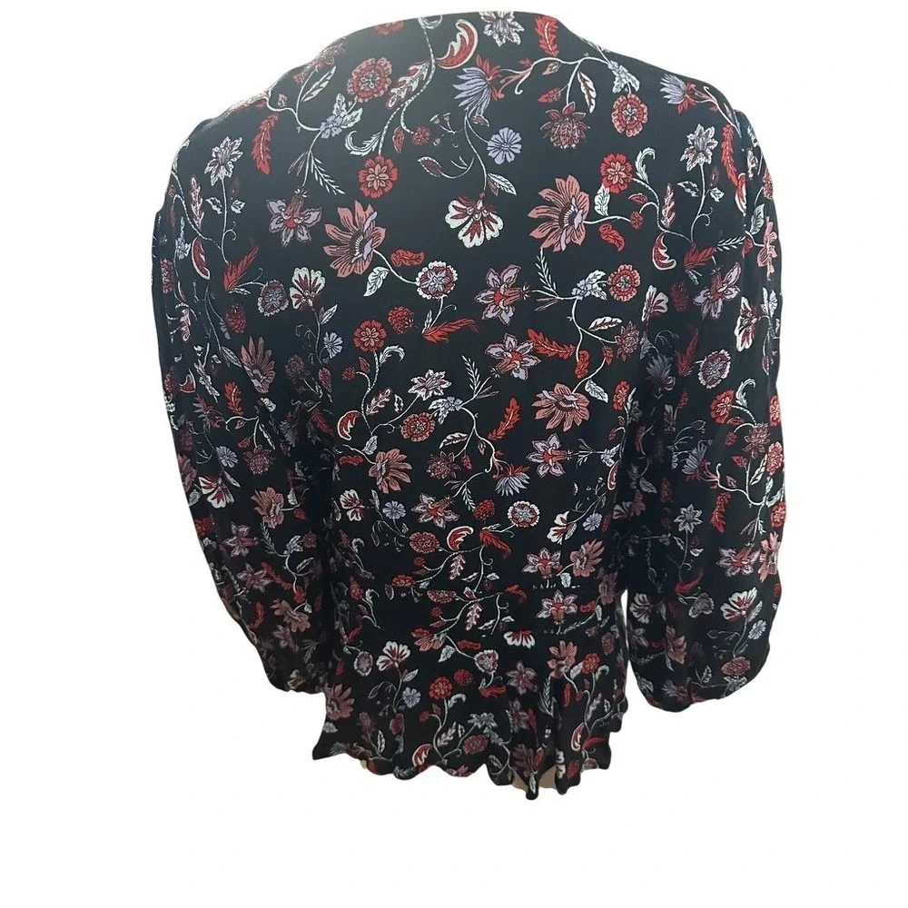 Banana‎ Republic Womens XL Floral Wrap Top Black Red V-Neck Tie Waist Blouse